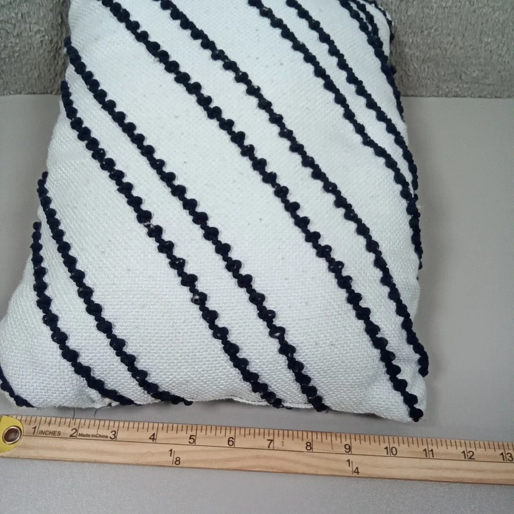 Mainstays‎ Navy Blue White Pom Pom Striped Decorative Throw Pillow 16x12 Boho